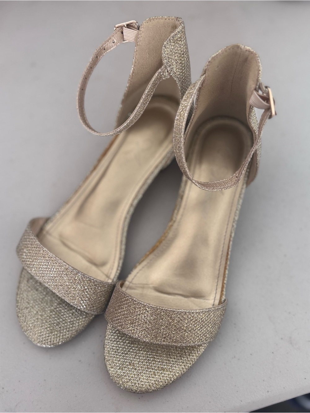 Sparkle Ankle-Strap Open-Toe Sandals in Rose Gold